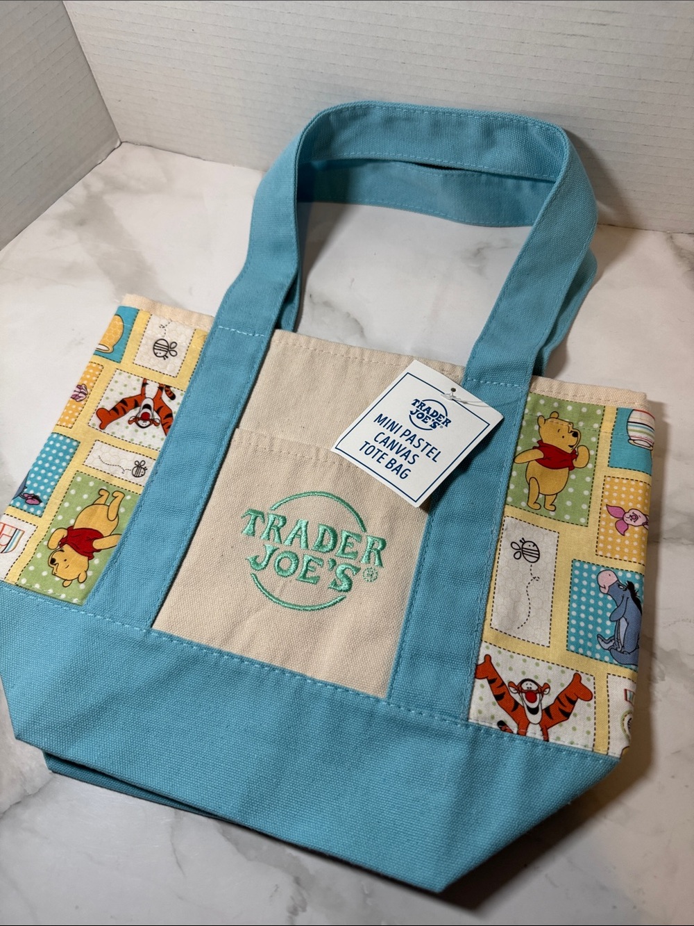 New Trader Joe’s Tote in Light Blue with Winnie the Pooh Side Pockets